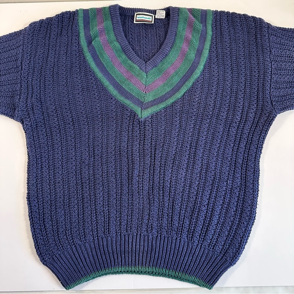 Vintage Weekends Navy Sweater XL V-Neck Striped Trim Ramie Cotton Preppy Retro - Picture 7 of 7